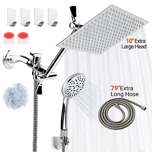 Rainfall Shower Heads With Handheld Cosyland, 10'' High Pressure Shower Head Combo With 11'' Adjustable Extension Arm 9 Settings Handheld Stainless Steel Dual Shower Heads With 79" Long Hose, Chrome #TOP7