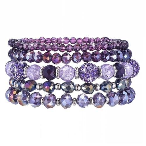 5Pcs Beaded Bracelets for Women, Bohemian Glass Faceted Crystal Beads Bracelet, Stackable Boho Disco Ball Stretch Bracelets, Multilayered Purple Jewelry Gift for Women, Mother's Day