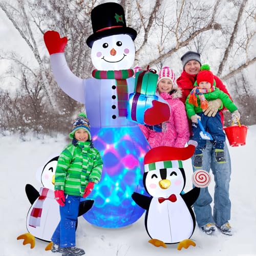 Christmas Inflatables Outdoor Decorations, 8 FT Inflatable Snowman with Penguins, SOLLED Blow Up Xmas Decorations Clearance Indoor Outdoor Yard Garden Patio Lawn Decor with LED Christmas Lights