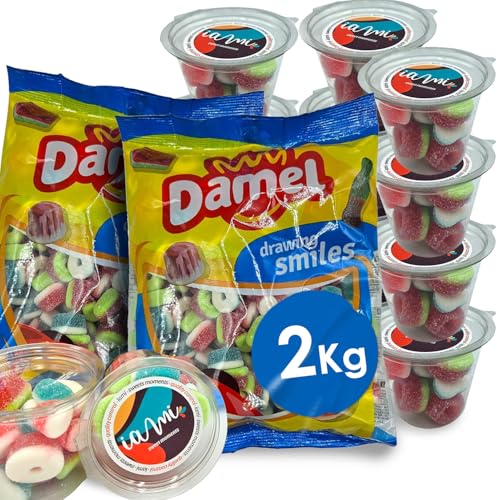 Pack Chuches Variadas Kilo + Botes + Pegatinas | Lote Golosinas Surtidas para Comuniones, Cumpleaños y Bautizos | Chuches para Candy Bar y Fiestas (Pack 2kg, Dulce de azúcar)
