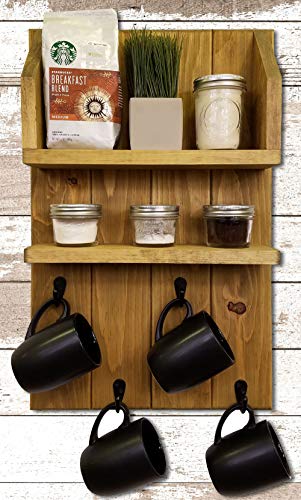 Free Shipping 🛒 Sunrise Coffee & Tea Wall Organizer Station - With 4 Single Mug Hooks and 2 Shelves. Available in 20 Colors: Shown in Driftwood