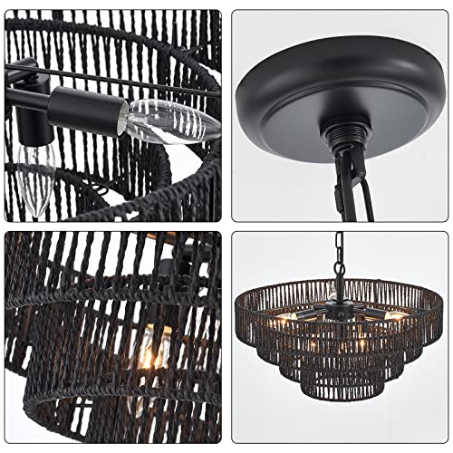 Elyccupa 302-WFD-6 20 Inch Hand-Woven Rattan Chandelier 6-Lights Transitional Minimalist 4 Round Boho Large Pendant Light thumb #7