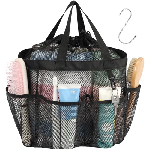 F-color Mesh Shower Caddy Portable with Drawstring, S Hook - 8 Deeper Pockets 2 Handles College Dorm Room Essentials for Girls Guys, Shower Bag Hanging for Camping Gym Travel Toiletry Bathroom, Black