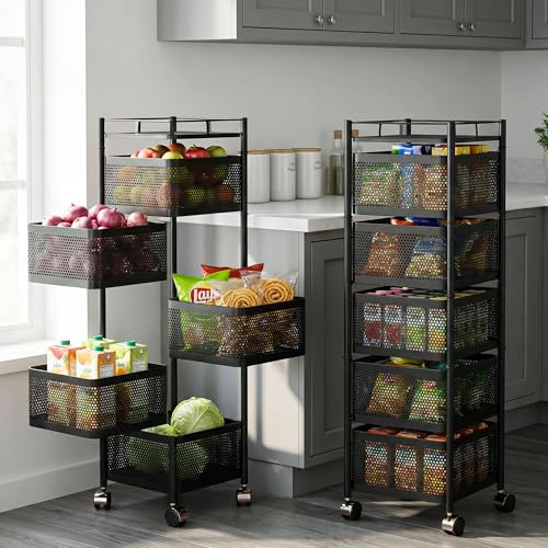 Image of Metal Multi-Purpose Trolley Kitchen Storage Organizer Rack Stand with 360 Wheels | 5 Layer Square Design | Kitchen Accessories Items for Fruit Vegetable Onion Rack for Kitchen (Black)