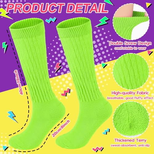 Neon Slouch Socks for Women, 80s 90s Scrunch Knee High Socks with Neon Earrings and Scrunchies for 80s 90s Party3
