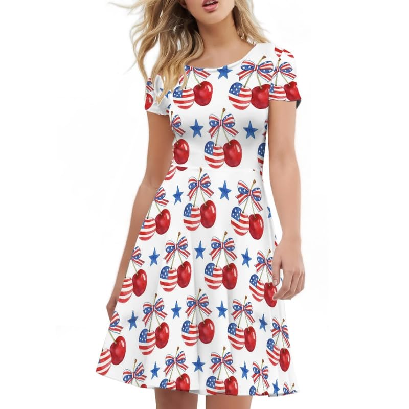 Image of Irisjudy T Shirt Dress for Women Short Sleeve Girls Short Sleeve Dress Plus Size, O Neck Knee Length Midi Dress for Ladies