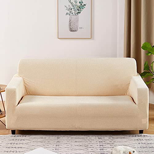 Confis ソファーカバー 2人掛け 肘付き ソファー保護カバー おしゃれ 北欧風 ストレッチ 伸縮素材 洗える オールシーズン 無地 キズ防止 防塵 一体型 肘なし兼用 ベージュ