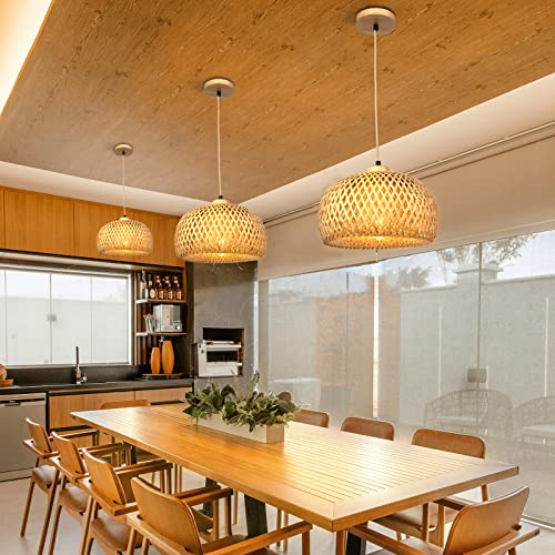 Frideko Hand-Woven Bamboo Pendant Light Natural Wicker Rattan Hanging Light Fixture Basket Lampshade Pendant Lamp Wicker Chandeliers for Kitchen Island Farmhouse Living Room Dining Room(Bulb Included) - Image 6