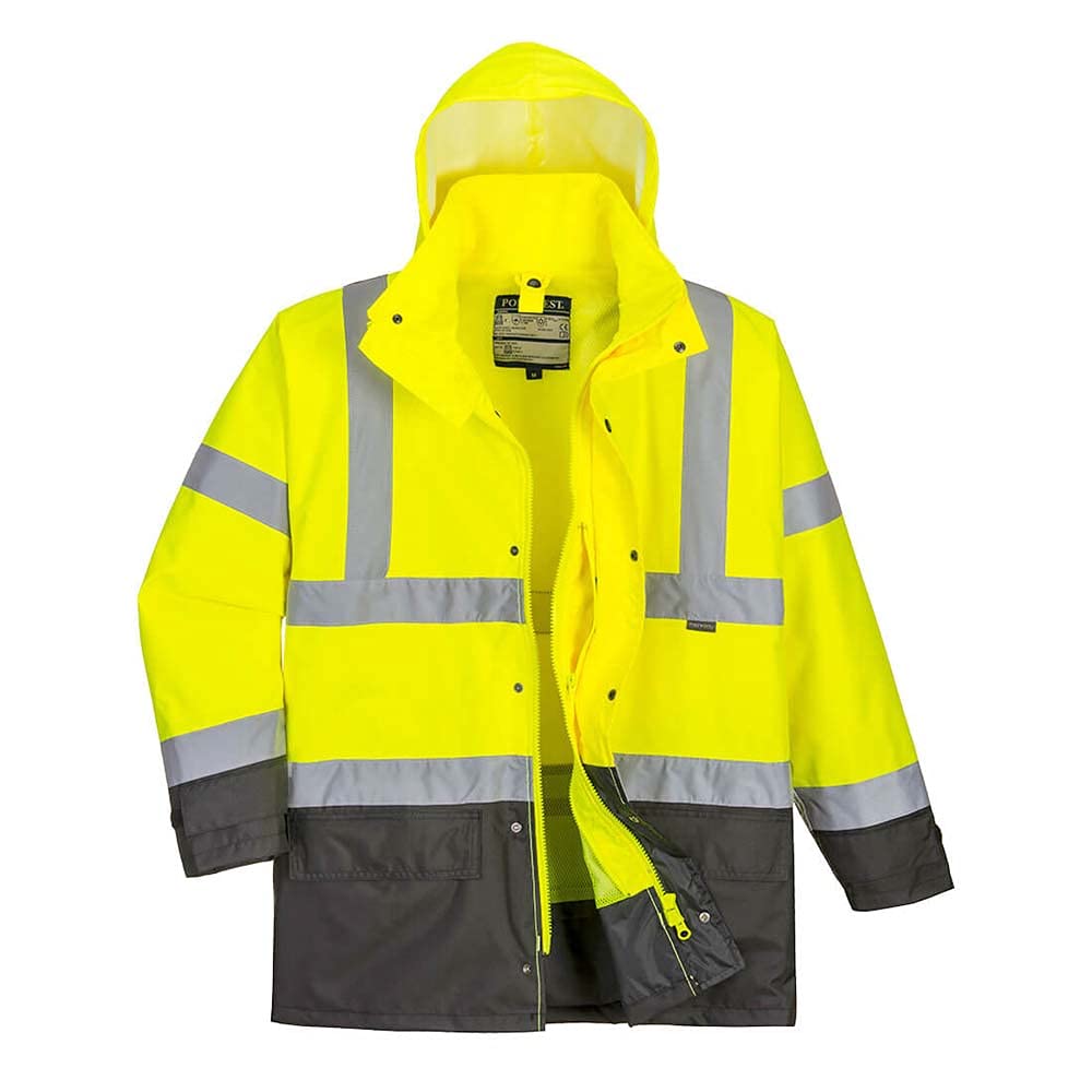 Portwest S768 Executive 5-in-1 Jacke 7 Taschen Stehkragen Langarm Baumwolle | Gelb/Grau, M, EN ISO 20471 Klasse 3, EN 342, Ultra-Vielseitige Kleidung, Integrierte Kapuze, Klettverschluss
