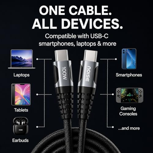 Image of Noise 100W Fast Charging USB C to USB C Cable | 50x More Durable | 1M / 3.3Ft | 5A PD charge | 480 Mbps Transfer Speed | Braided Cable For iPhones, Android, Laptops, MacBooks, Tablets (Black)