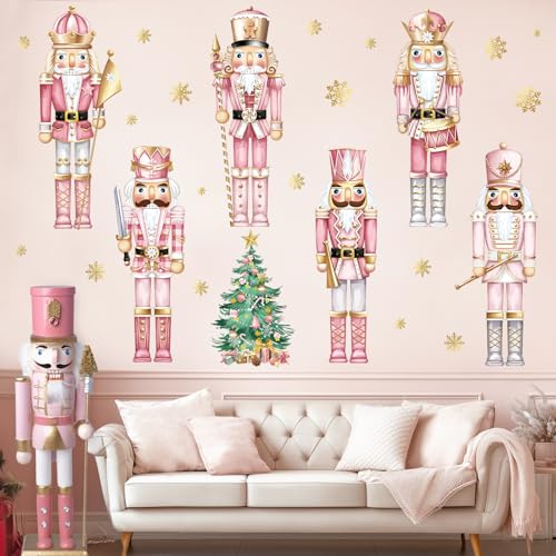decalmile Christmas Pink Nutcrackers Window Wall Decals Christmas Trees Nutcracker Snowflakes Wall Stickers Living Room Childrens Room Christmas Party Window Wall Decorations - Image 2