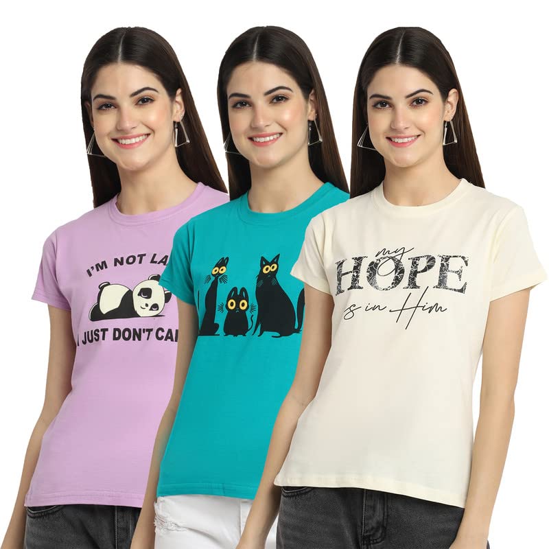 Image of Preneum Pure Cotton Printed Casual Women Tshirt Pack of 3 (Su-46-39-40 XXL), Multicolor
