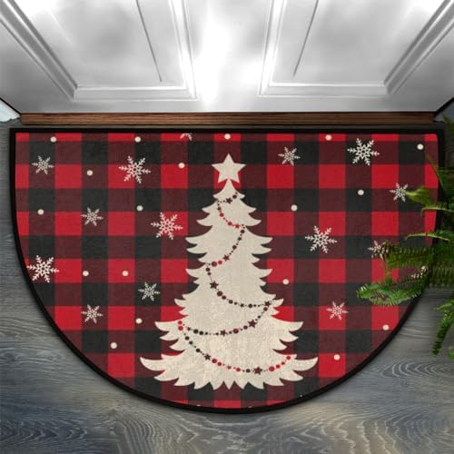 YPPAHHHH Christmas Tree Buffalo Plaid Half Round Door Mat - Red & Black - Non-Slip, Low Profile Semicircular Indoor/Outdoor Welcome Mat for Entryway,