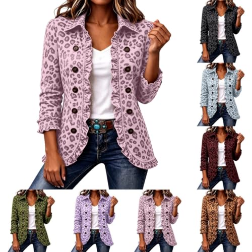 Open Front Jacket for Women - Ruffle Trim Button Down Leopard Peplum Coats - image 1