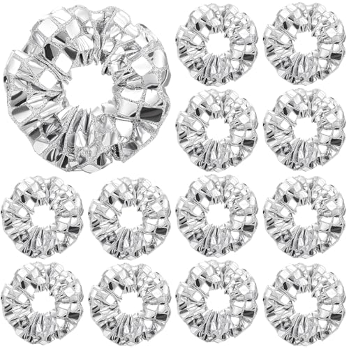 Lyrow 12 Pack Mirror Disco Sequin Hair Scrunchies Disco Metallic Silver Hair Accessories for 80s 90s Party Favor Supply Gift Birthday Western Bridal Shower Bachelorette Halloween New Year(Silver)