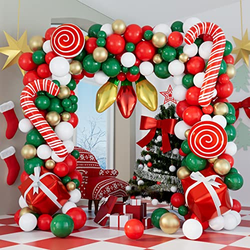 DBKL Balloons 152Pcs Garland Kit for Christmas Red White Green Gold Candy Cane Gift Box Light Bulb Foil Balloons Decorations Party Supplies