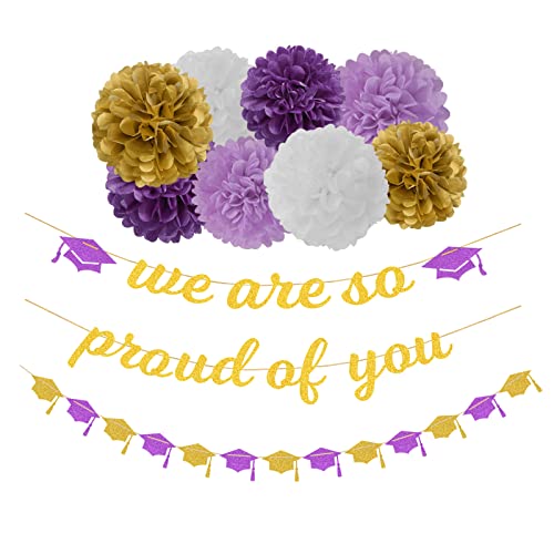 Image of Purple White-Gold Party-Decoration Graduation Banner - 8pcs Kits Cap Garland Streamers, Paper Tissue Pom Poms Flowers,We are So Proud of You Congratulations Grad 2024 Decor Lasting Surprise