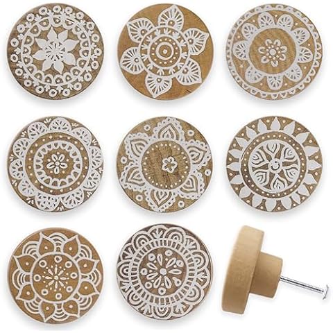 Lasyman 8Pack 1.8" Wooden Boho Nursery Kids Dresser Drawer Pulls Cute Cabinet Furniture Decorative Knobs Cover