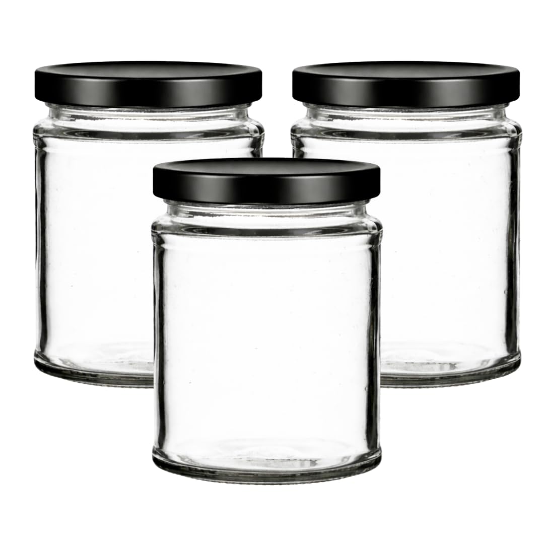 300ml Glass Jam Jars with Black Twist Off Lids, Pack of 100, Bulk Preserve, Chutney, Pickle & Food Storage Jars