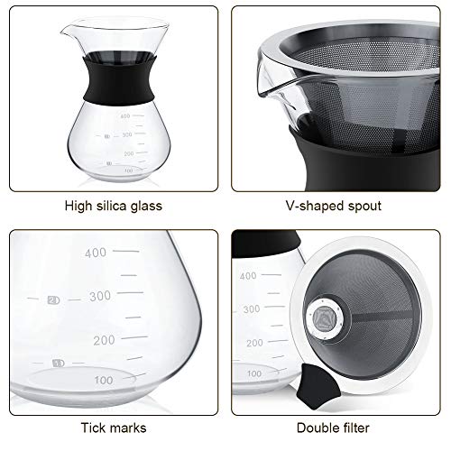 Cafetera Goteo Manual, Haofy Cafetera de Vidrio, 400 ml Pour Over Cafetera con Filtro Reutilizable de Acero Inoxidable… - Imagen 7