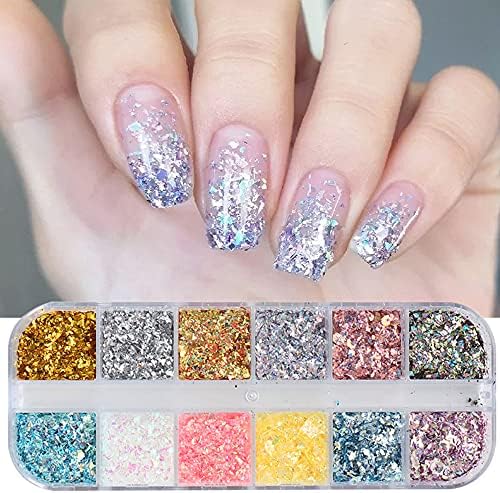 Holographic Nail Art Foil Flakes, 12Grids Colorful Nail Foil Glitters Nail Art Supplies Confetti Gold Silver Irregular Nail Flake Acrylic Nail Powders Summer Effect Nail Art Pigment Decorations Kit
