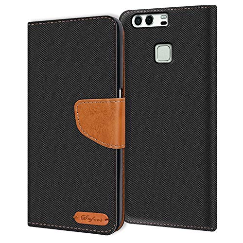 Verco Huawei P9 Custodia per Cellulare, Caso Tessuto per Huawei P9 Cover Tessilo Portafoglio Case, Nero