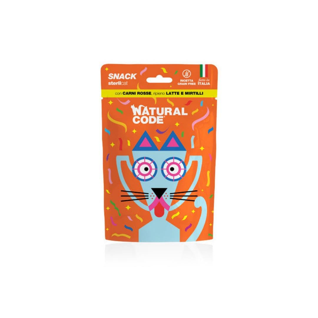 Natural Code Snack Gato, snack para gatos esterilizados de todos los tamaños rellenos con carnes rojas, leche y arándanos | 3 paquetes de 60 gramos cada uno.