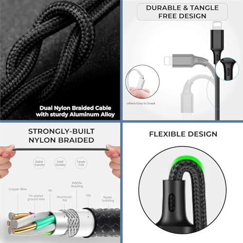 Image of NISHTECH 100W Fast Charging 3.0 USB Cable 4 Ft / 1.2M To 3-In-1 Long Charging Cord With Type C + Micro Usb + Lightning Connector 480 Mbps Data Transfer For Laptop,Tablets,Smartphones & More, Black