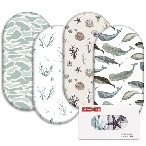 Image of Gllquen Baby Bassinet Sheets 4 Pack, Breathable Cozy Fitted Mattress Sheet, Elastic Travel Crib Fashionable Pattern, Standard Cradle Safe Sheets for Baby Boys Girls 32"x16" (Marine)