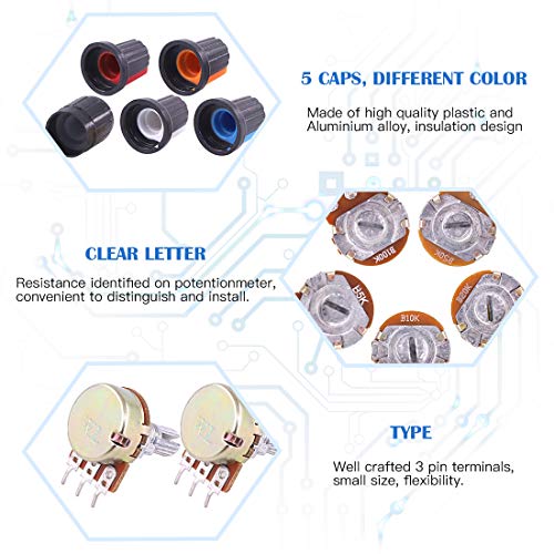 Glarks 50Pcs B5K B10K B20K B50K B100K Ohm Knurled Shaft Linear Rotary Taper Potentiometer With 5 Color Knob, Nuts, Washers For Arduino #TOP3