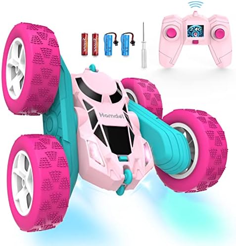 Hamdol Remote Control Car for Girls Pink RC Car Double Sided 360°Flip Stunt Car with Headlights, Rechargeable Outdoor Indoor Race Car Toy for 6 7 8 9 10 11 12 Year Old Girls Boys Birthday Gift