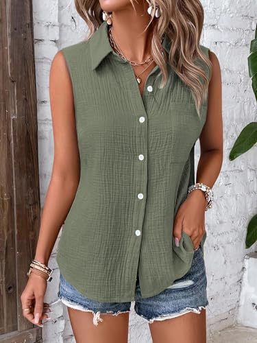 Image of GLASGO Women's 100% Cotton Sleeveless Button Down Shirt | Casual Summer Collared Tank Top | Soft Breathable Fabric Stylish Piece