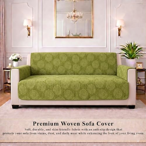 Image of STITCHNEST 'Opulence Series' Floral Woven Sofa Cover for 2 Seater | Premium Soft Fabric Sofa Protector | Green Circular Pattern with Tassel Edge Finish | Durable Living Room Furniture Cover