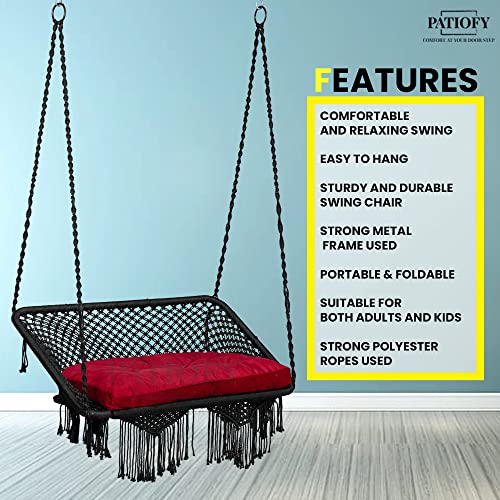 Image of Patiofy Nylon, Metal Premium Large Double Seater Swing Hanging Hammock Chair for 2 People / 2 Seater for Balcony, Indoor & Outdoor, Home /Includes Free Hanging Accessories & Red Sitting Cushion