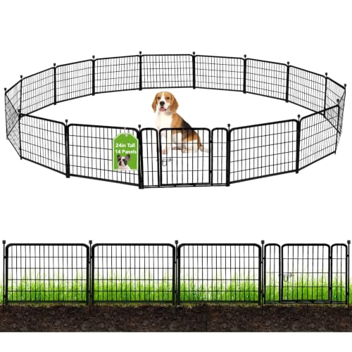 Image of ADAVIN 24 in(H) Garden Fence with Gate, 14 Panels Heavy Duty Iron Metal Animal Barrier Fence, Camping Fence, Garden Fences and Borders for Dogs,Total 34.5 Ft(L), Black