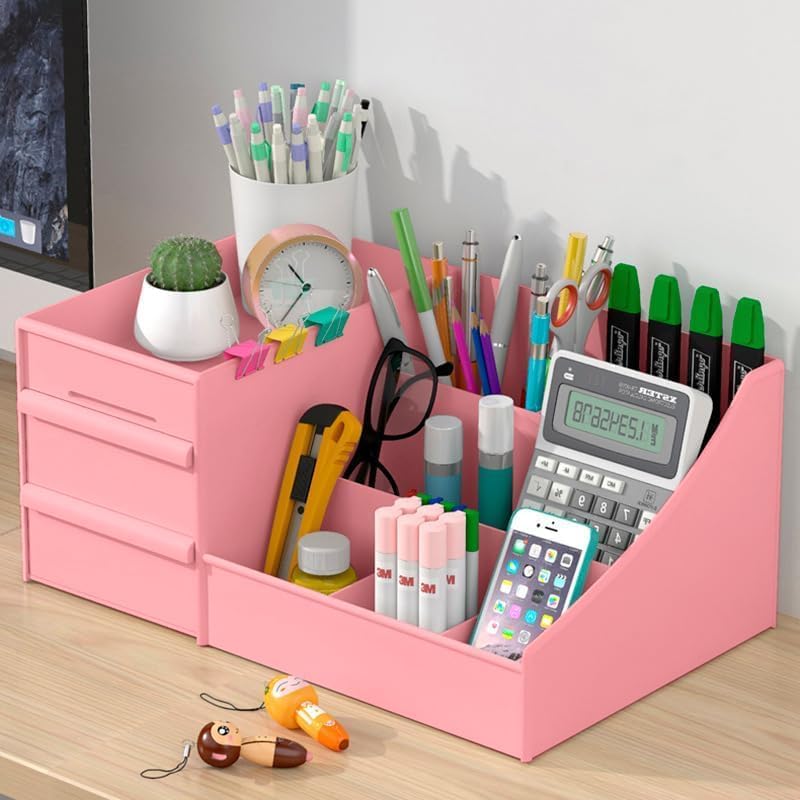 Image of Shuttle Art Plastic Modern Desk Organizer with Pencil Holders, Sticky Note, Paperclip Storage I Multi-Functional Office Table Accessories Desk Organization for School, Home, Office Supplies (Pink)