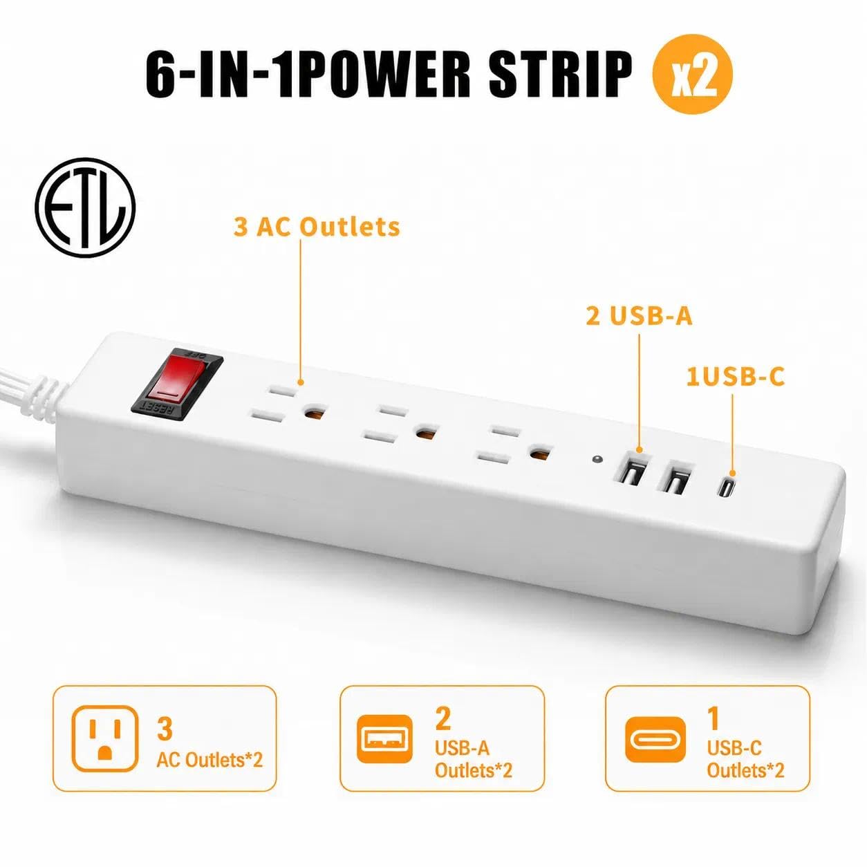 Dual Verlängerungskabel - 3 Fuß Split Verlängerungskabel, 6 Steckdosen und 6 USB-Anschlüsse, Dual Steckdosenleiste, 3 Pin und Flachstecker für hinter Bett, Sofa