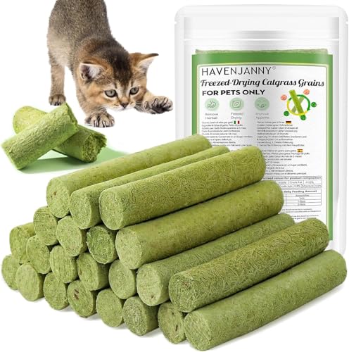 HavenJanny 100g Cat Grass Teething Stick, Freezed Drying Cat Grass Sticks Snacks for Cats, Edible Cat Treats for Teeth Cleaning and Hairball Removal