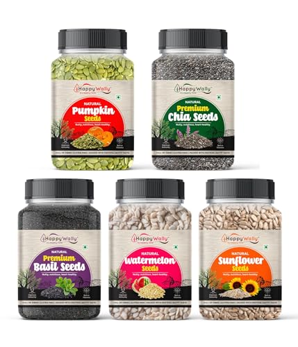 Image of Happywally All Edible Seeds Combo Pack of - 1.25 kg | Chia, Pumpkin, Sunflower, Watermelon & Basil Seeds 250g Each [Gread - Premium]]