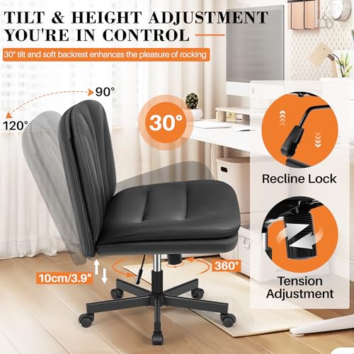 FelixKing Criss Cross Chair with Wheels, Cross Legged Office Chair, Armless Wide Vanity Desk Chair with Comfty PU Leather & Back - Swivel Height Ajustable for Home Office Bedroom, Black