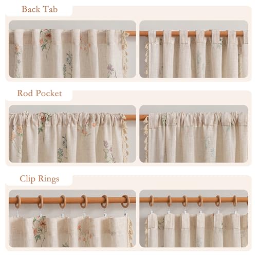 Image of MYSKY HOME Floral Boho Semi Sheer Linen Blend Farmhouse Curtains 84 Inches Long 2 Panels Set Spring Flower Printed Drapes with Tassels Back Tab Rod Pocket for Living Room Bedroom, 50 inch Wide, Pink
