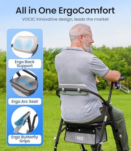 Image of VOCIC Z11 Rollator Walker for Seniors with Seat, 380 LBS | Lightweight Design with Ergo Seat & Backrest, Height Adjustable & Easily Foldable for Seniors' Mobility, Blue