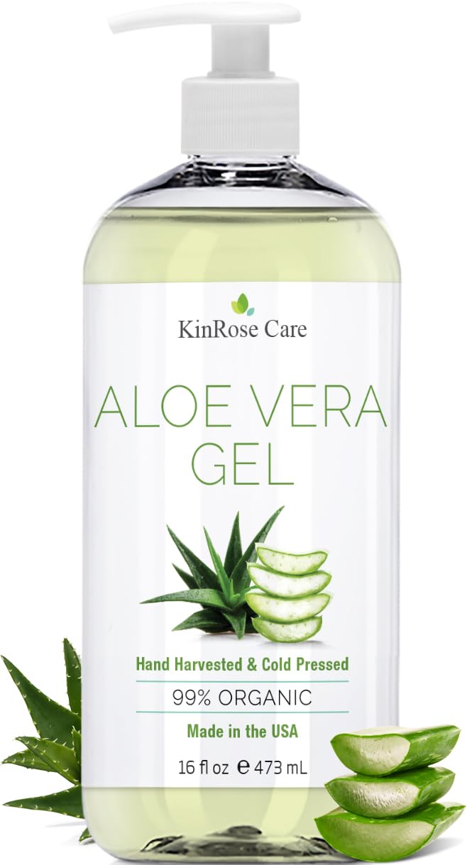 KinRose Care, 16oz Organic Aloe Vera Gel for Face, Skin, Hair & Sunburn Relief - From 100 Percent Pure Aloe Vera - Cold Pressed, Vegan, Unscented -