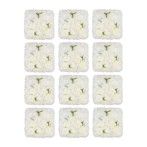 JJIESHENG Flower Wall Panels, 12Pcs Artificial Flower Wall Panel 3D Flower Wall Backdrop Silk Rose Floral Decorative Faux Flower Wall Background for Wedding Home Decoration (White,15 * 15in)