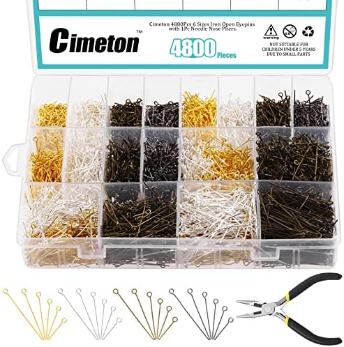 Cimeton 4880pcs 16/20/24/30/35/40mm Iron Open Eyepins with 1Pc Needle Nose Pliers, Gold Silver Gun-Black Bronze Head Pins Eye Pins for Jewelry Making DIY Necklace