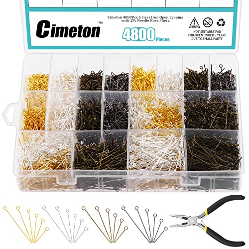 Cimeton 4880Pcs 16/20/24/30/35/40Mm Iron Open Eyepins With 1Pc Needle Nose Pliers, Gold Silver Gun-Black Bronze Head Pins Eye Pins For Jewelry Making Diy Necklace #TOP5