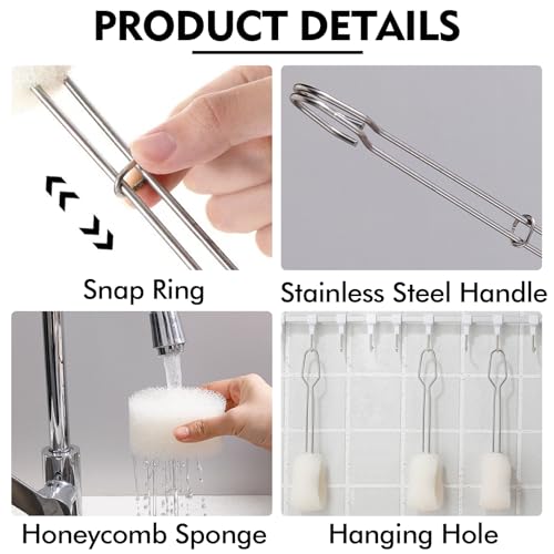 Image of Sponge Bottle Brush Set 8PCS Cup Cleaning Brush with Replaceable Sponge Stainless Steel Long Handle Bottle Scrubber Brush Baby Bottle Brushes (4 Brushes+4 Replacement Sponges + 4 Hooks)