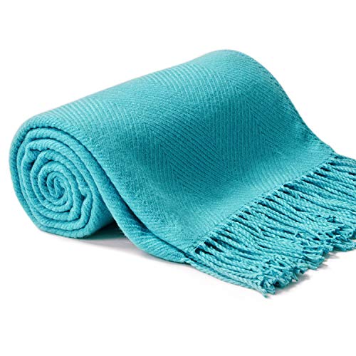 VEEYOO Manta suave para sofá – mantas y mantas ligeras y acogedoras con borla, 127 x 158 cm de punto turquesa mantas para sofá cama, viajes, oficina