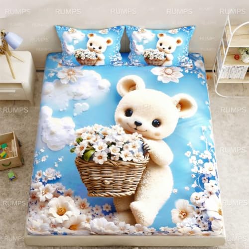 Image of RUMPS 3D Digital Printed Double Bedsheet Flat | Premium Knitted Cotton MicroFabric 90x100 Inch Bed Sheet with 2 Pillow Covers, Cute Cartoon Blue Bird (7D Digital bedheet 11)