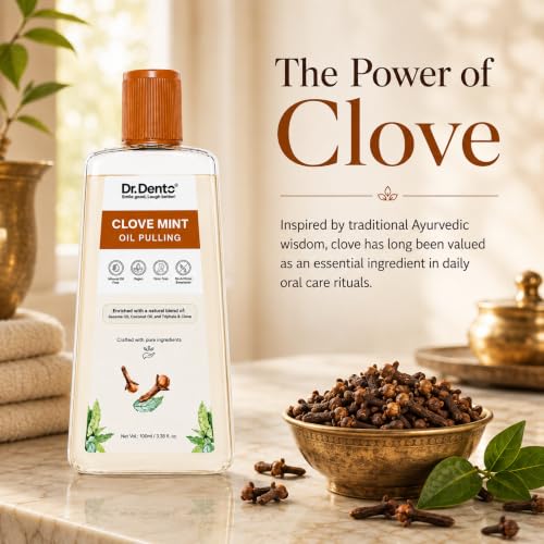 Image of Dr.Dento Clove Mint Oil Pulling | Ayurvedic Kavala (Gargling) Gandusha (Oil Holding) Oral Detox | Sesame, Coconut & Clove Oil Blend | Alcohol-Free & Vegan | Fresh Breath & Healthy Gums (100ml)